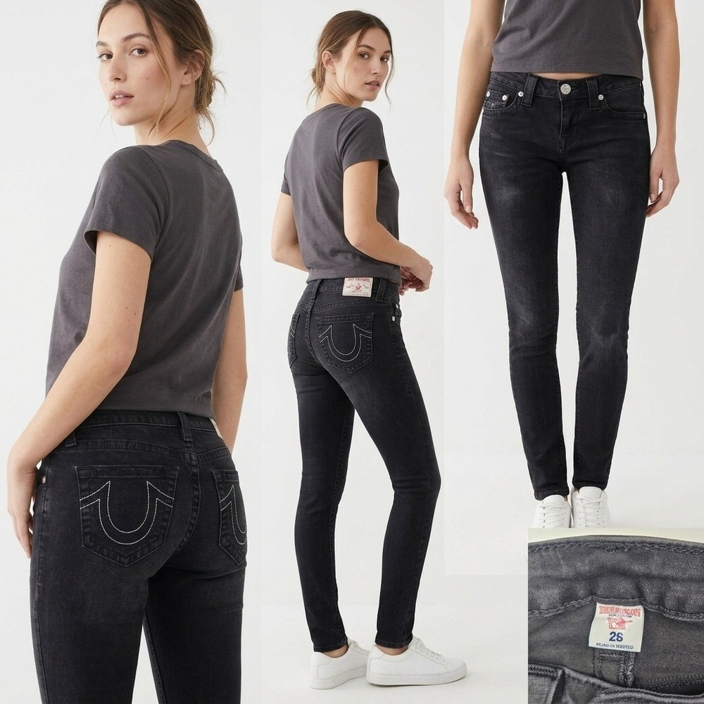 True Religion Jeans Women 26 Black Skinny Faded Horseshoe Stitch Low Rise Denim